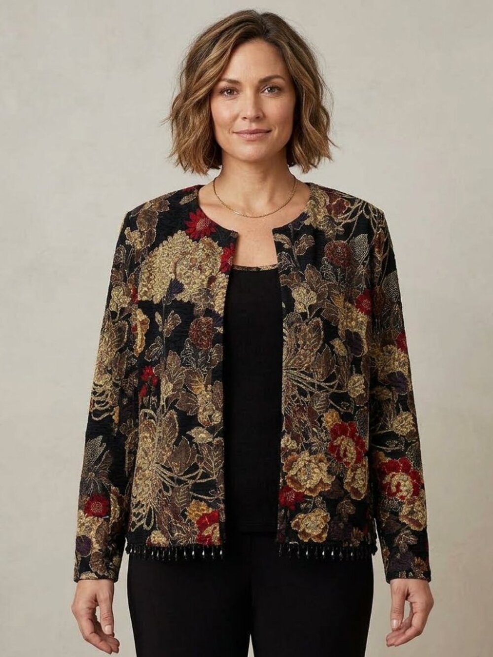 MSK Black Metallic Gold Floral 2-Piece Twin Set Open Cardigan Tank Top Set SizeL